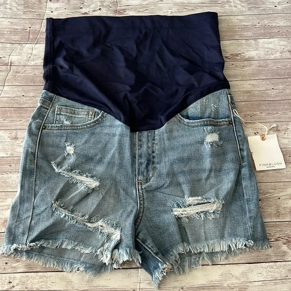 Pinkblush Medium Wash Distressed Raw Hem Full Panel Maternity Shorts - Picture 3 of 9